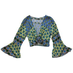 Zara Resort Wear Geometric Print Cropped Bell Sleeve Blouse Twist Front Beach L